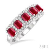 1/2 ctw Emerald Shape 4x3 MM Precious Ruby and Round Cut Diamond Wedding Band in 14K White Gold