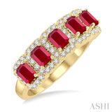 1/2 ctw Emerald Shape 4x3 MM Precious Ruby and Round Cut Diamond Wedding Band in 14K Yellow Gold