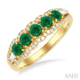 3.1MM Round Emerald and 1/4 ctw Baguette and Single Cut Diamond 5-Stone Precious Ring in 14K Yellow Gold