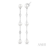 5 MM Round Shape Cultured Pearl and 1/10 Ctw Round Cut Diamond Station Long Earrings in 14K White Gold