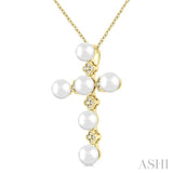 4 MM Round Shape Cultured Pearl and 1/10 Ctw Clover Round Cut Diamond Cross Pendant With Chain in 10K Yellow Gold