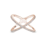Rose gold finish sterling silver micropave criss-cross ring with simulated diamonds