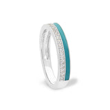 Platinum finish sterling silver micropave ring with with turquoise enamel and simulated diamondss