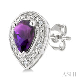 6X4 MM Pear Shape Amethyst and 1/50 Ctw Round Cut Diamond Semi-Precious Earrings in Sterling Silver