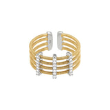 Gold Finish Sterling Silver Multi Cable Cuff Ring with Rhodium Finish Simulated Diamond Vertical Bars
